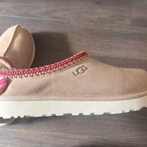 UGG Tan Suede Slip-On Clog with Red-Pink Trim